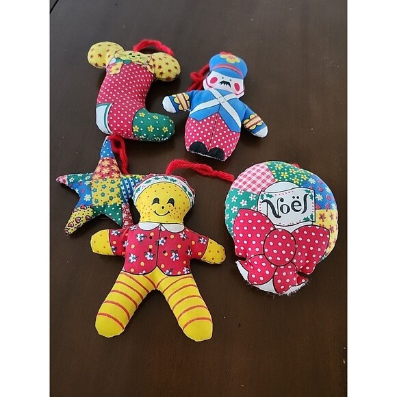 Vintage Calico Handmade Fabric Cloth Christmas Ornaments 1970 Set of 5 Nostalgia - Picture 9 of 10